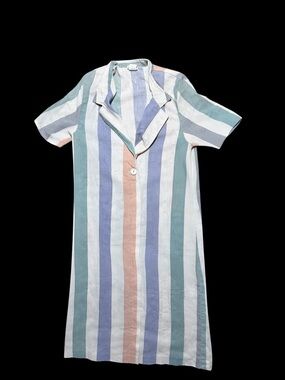 70’sStriped Button-Front Shirt Dress in Pastel Green, Blue, Pink, and Cream